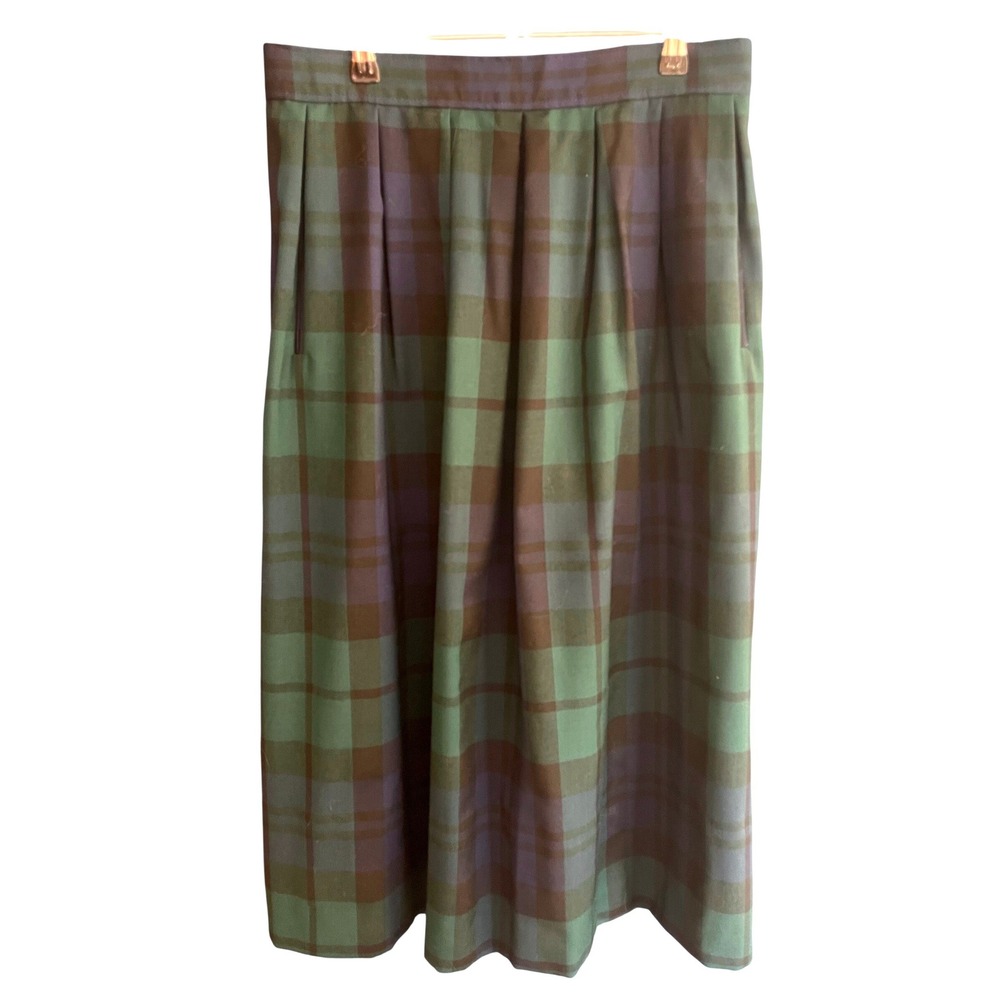 Vintage Pendleton Midi Skirt Wool Black Watch Plaid Green Blue Size 14